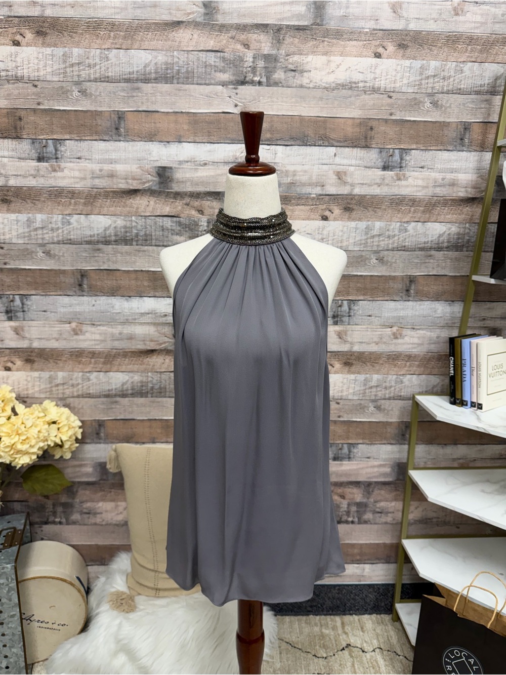 Ramy Brook Gray w/ Embellished Collar Sleeveless Silk Top